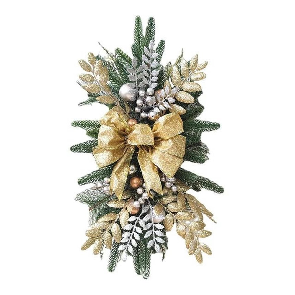 Artificial Christmas Stair Wreath, 58.4 cm, Lighted, Cordless, Gold-Tone, with Pine Wood and Bow