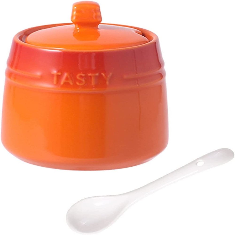 Red Ceramic Sugar Jar with Lid and Spoon
