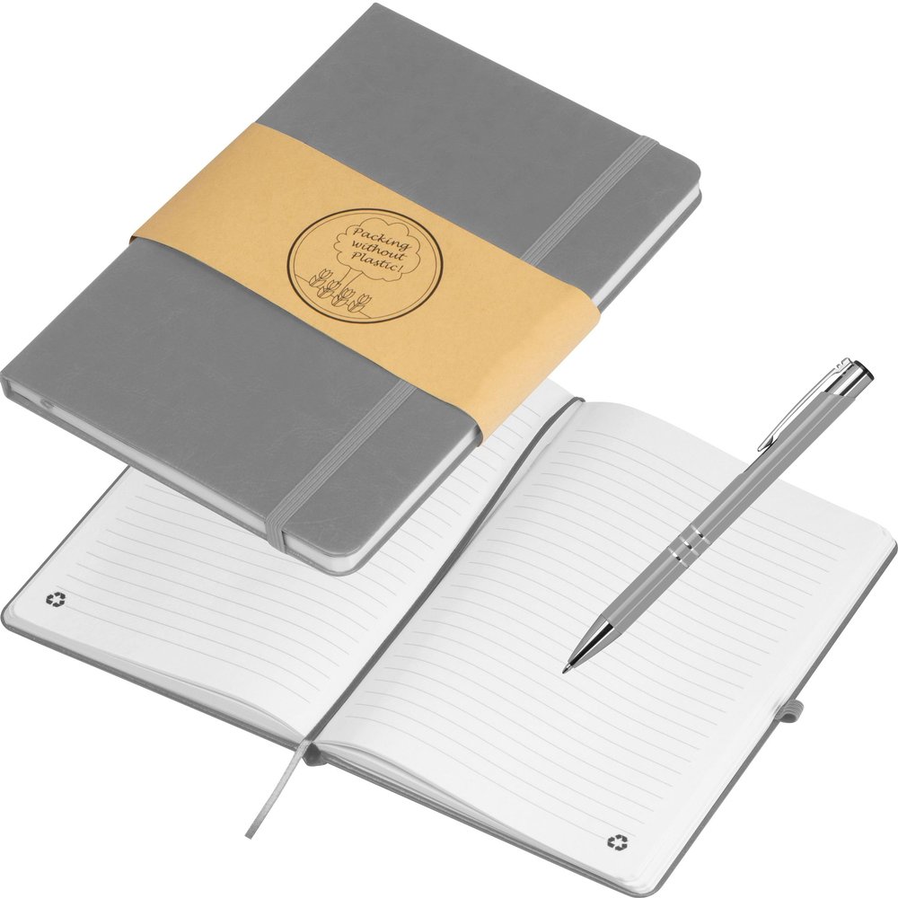 A5 Notebook with Ballpoint Pen, Gray, 192 Pages