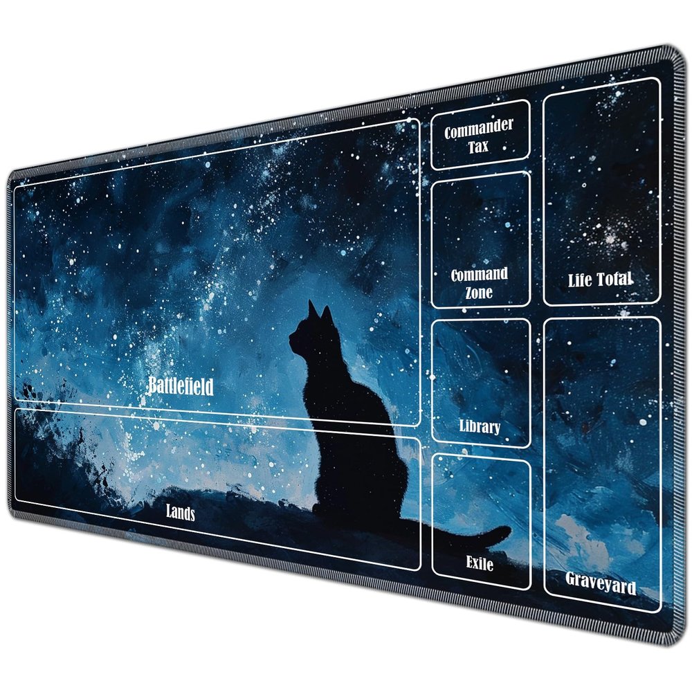 JANENFNA TCG Playmat with Card Zones, 24 x 14 in, Mousepad Compatible with MTG, Smooth Rubber Surface, Night Sky Cat