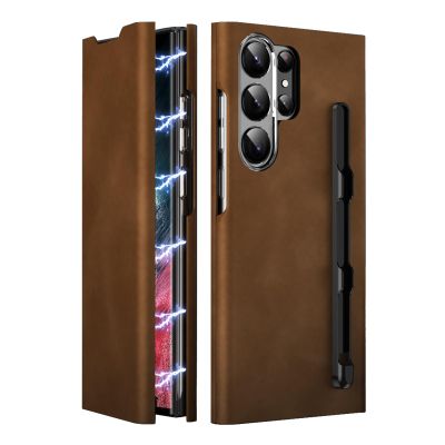 PuRoxx Stand Folio Case for Samsung Galaxy S24 Ultra/S24 Plus/S24, Magnetic Luxury Leather Case with Card Slot and Pen Holder, Brown, S24 Ultra
