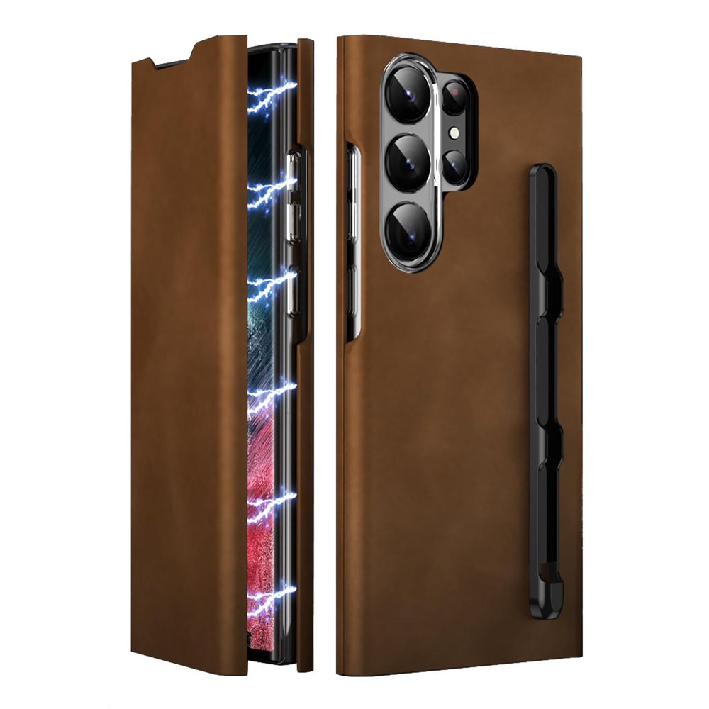 PuRoxx Stand Folio Case for Samsung Galaxy S24 Ultra/S24 Plus/S24, Magnetic Luxury Leather Case with Card Slot and Pen Holder, Brown, S24 Ultra