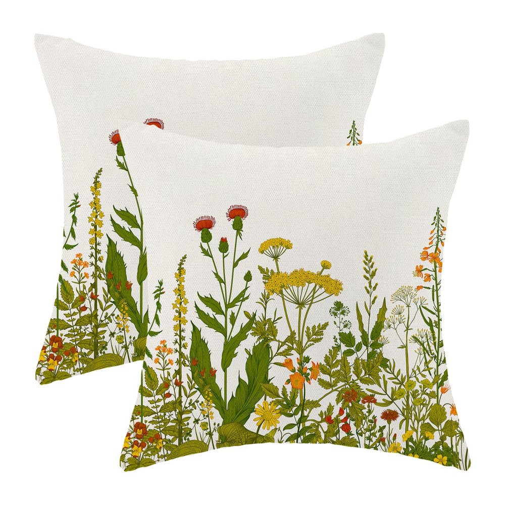AEIOAE Spring Wildflower Pillow Covers, Yellow and Green, Set of 2