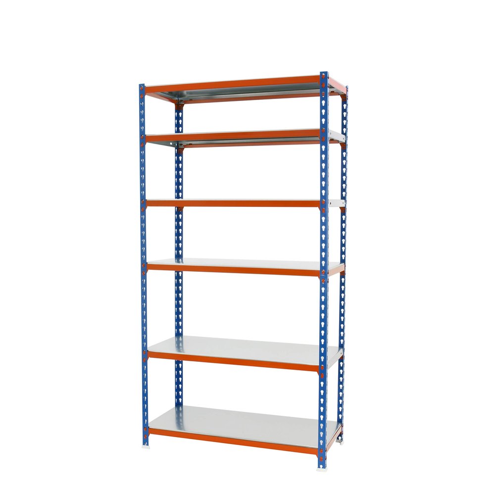 PROREGAL Heavy-Duty Shelf Giant Metal Shark | HxWxD 250 x 100 x 30 cm | Shelf Capacity 180 kg | Blue-Orange | Freestanding Storage Shelf