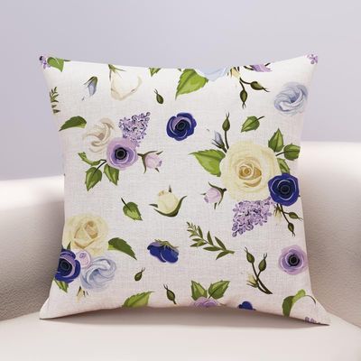 40 x 40 cm Purple Yellow Flower Linen-Feel Pillow Cover with Hidden Zipper, Cover Only