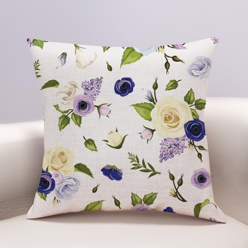 40 x 40 cm Purple Yellow Flower Linen-Feel Pillow Cover with Hidden Zipper, Cover Only