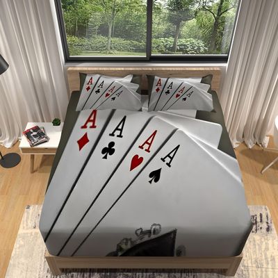 140x200 cm Playing Card Pattern 3D Fitted Sheet Set, Microfiber, 30 cm Deep Pocket, with 2 Pillowcases