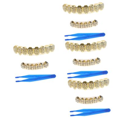 VALICLUD 4-Piece Rhinestone Teeth Grills for Rappers, Gold Mouth Jewelry Tooth Covers for Cosplay and Costume Parties