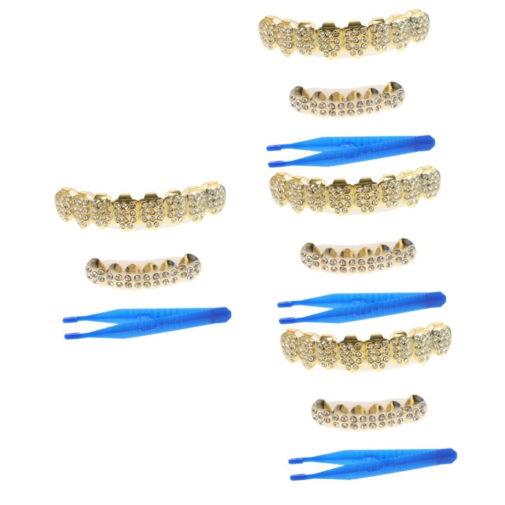 VALICLUD 4-Piece Rhinestone Teeth Grills for Rappers, Gold Mouth Jewelry Tooth Covers for Cosplay and Costume Parties