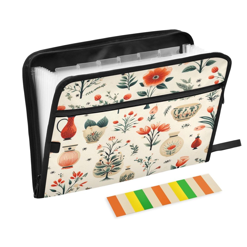 Accordion File Folder with 13 Pockets, A4, Zipper, Floral Pattern