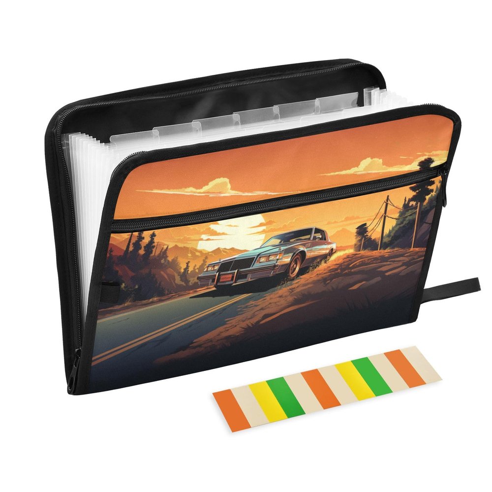 Road Car Accordion File Folder with 13 Pockets, A4, Zipper