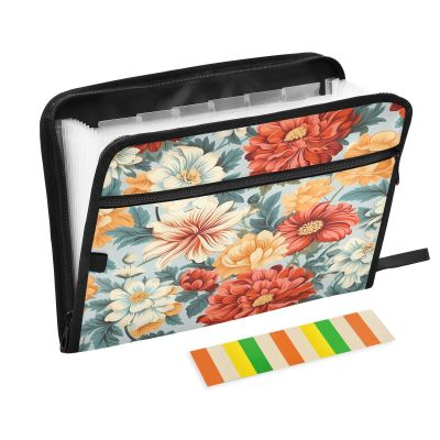 Accordion File Folder with 13 Compartments, Labels, Zipper, A4, Floral