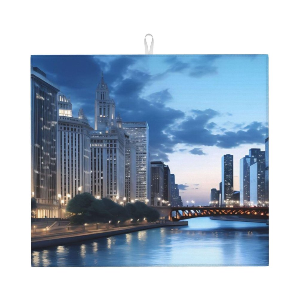 Chicago Illinois USA Reusable Microfiber Dish Drying Mat, 16 x 18 in