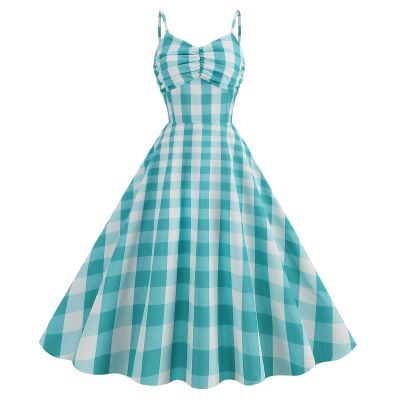 Women's Dress with Suspender-Style Plaid Skirt, Green, M