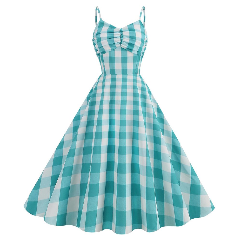 Women's Dress with Suspender-Style Plaid Skirt, Green, M