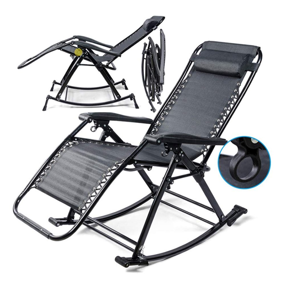 asdchZen Portable Folding Rocking Chair, Outdoor Zero Gravity Recliner, Black