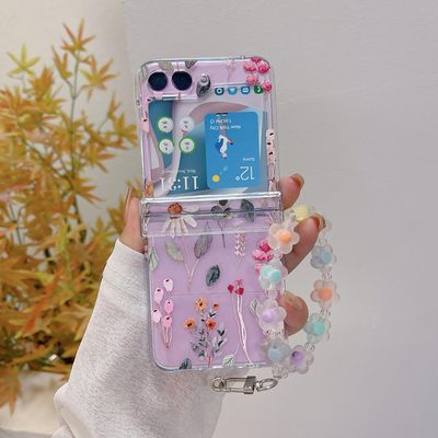 orbana Case for Samsung Galaxy Z Flip 5/4/3, Hand-Drawn Flowers, Wrist Strap, Transparent Hinge, Foldable Shockproof Hard Shell, A with Strap, for Samsung Z Flip 4