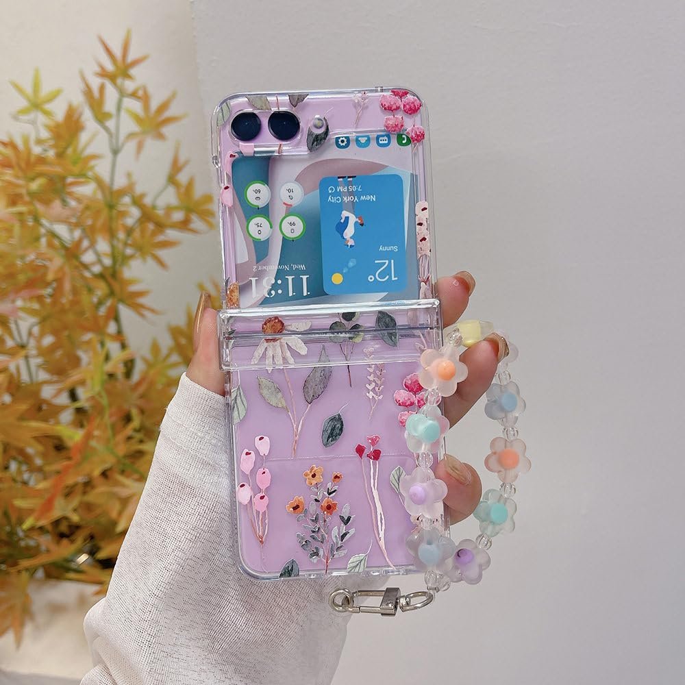 orbana Case for Samsung Galaxy Z Flip 5/4/3, Hand-Drawn Flowers, Wrist Strap, Transparent Hinge, Foldable Shockproof Hard Shell, A with Strap, for Samsung Z Flip 4
