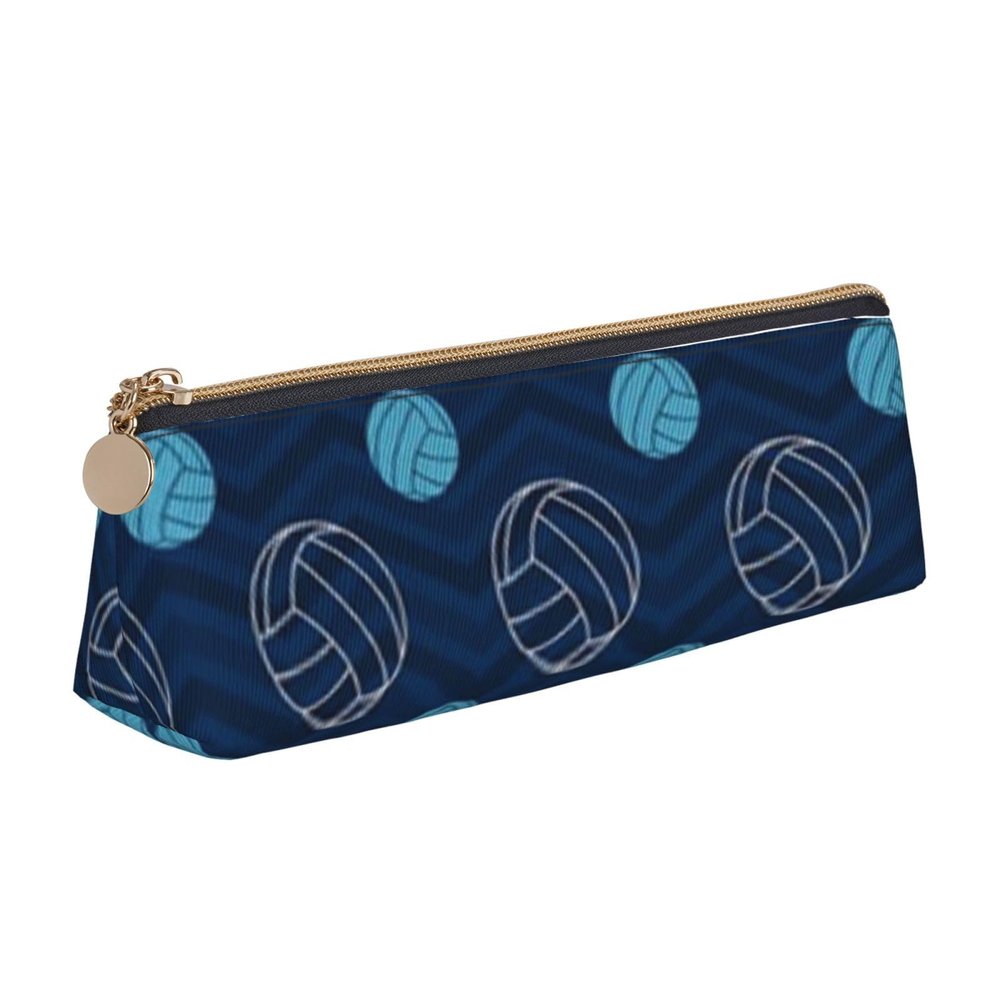 KUDGAWGS Triangular Cowhide Leather Pencil Case, Blue Volleyball