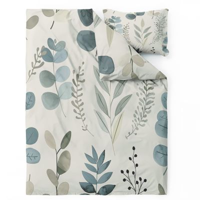 Eucalyptus Botanical Leaf Bedding Set 200 x 200 cm, 3-Piece Reversible Microfiber Set
