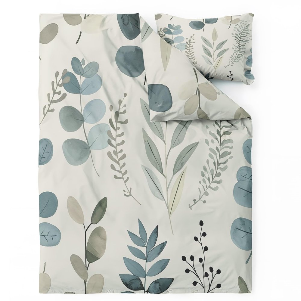 Eucalyptus Botanical Leaf Bedding Set 200 x 200 cm, 3-Piece Reversible Microfiber Set