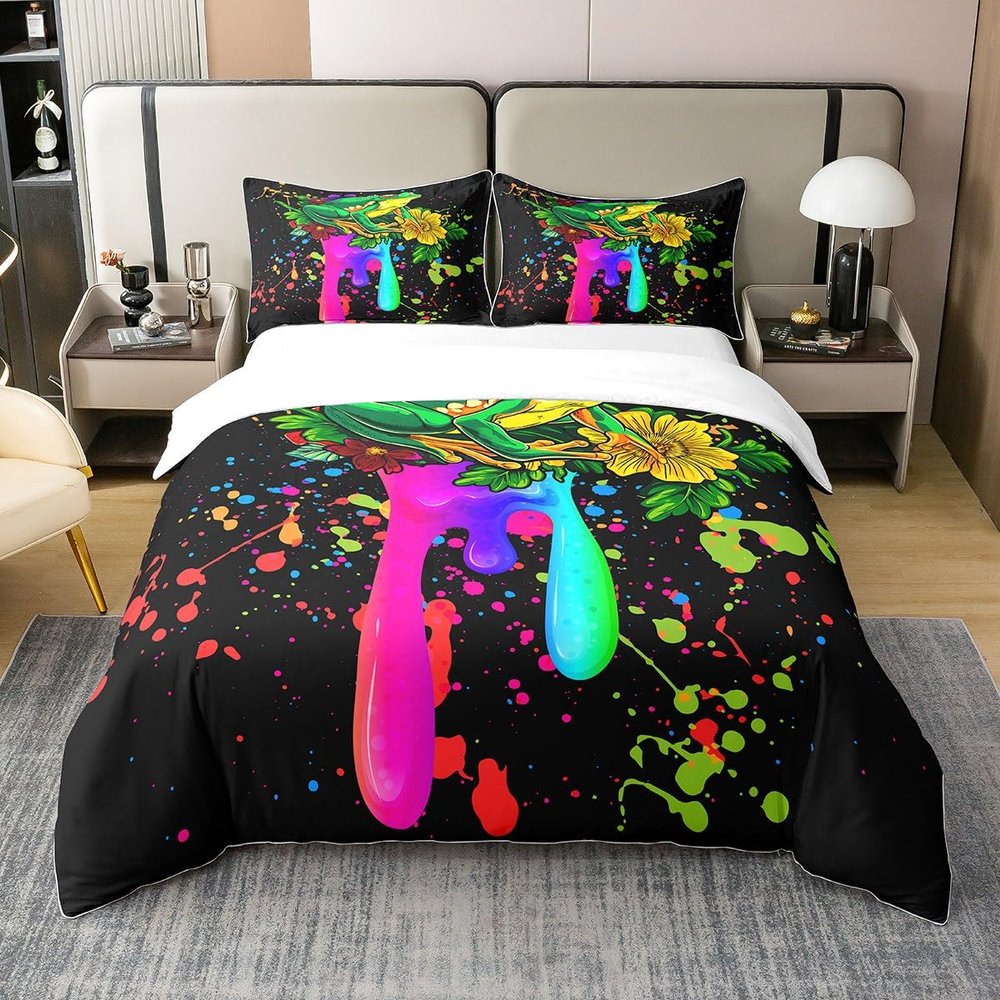 Tie-Dye Frog Duvet Cover Set, 100% Cotton, Rainbow Graffiti Style, 135 x 200 cm
