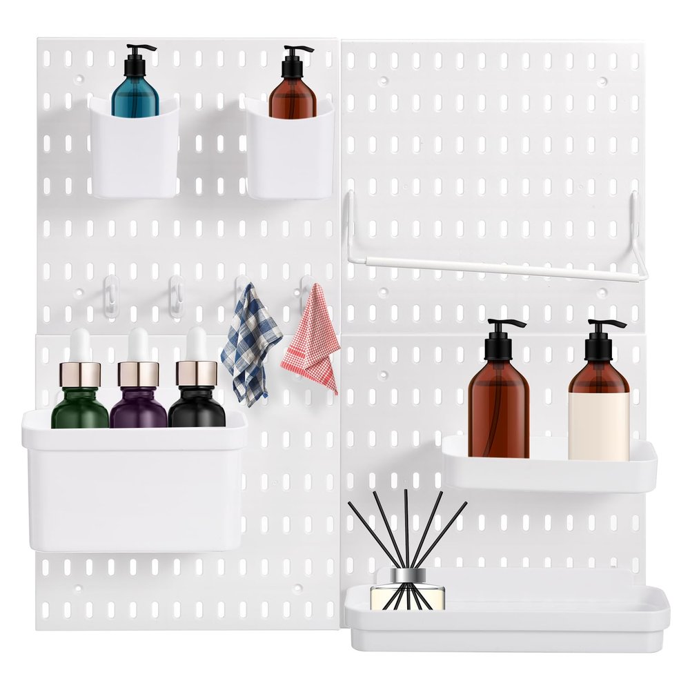 QUARKZMAN 4-Piece Plastic Pegboard Wall Organization Kit with Toilet Paper Holder, Hooks, Bins and Divider