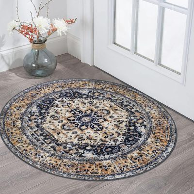 KOZYFLY Round Boho Vintage Rug, 91.4 cm, Washable, Non-Slip, Gold/Orange/Navy