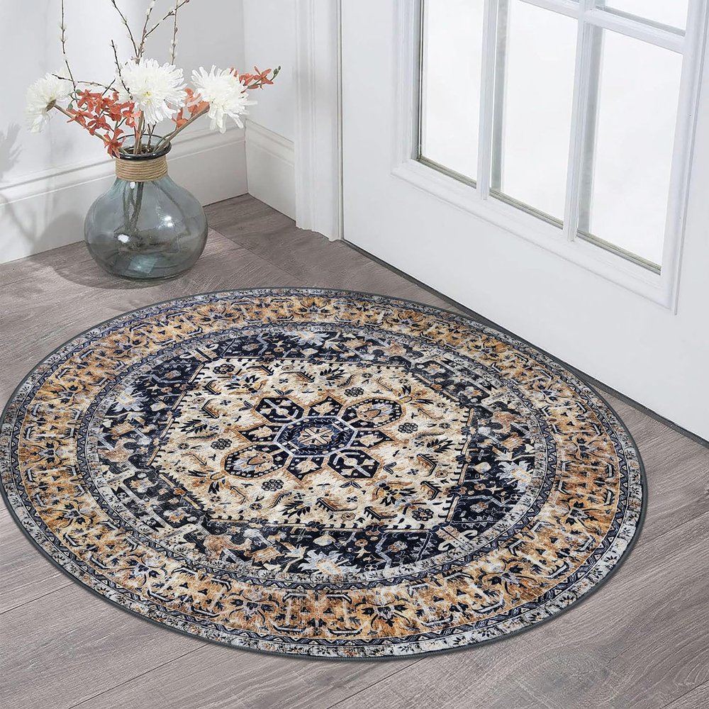 KOZYFLY Round Boho Vintage Rug, 91.4 cm, Washable, Non-Slip, Gold/Orange/Navy
