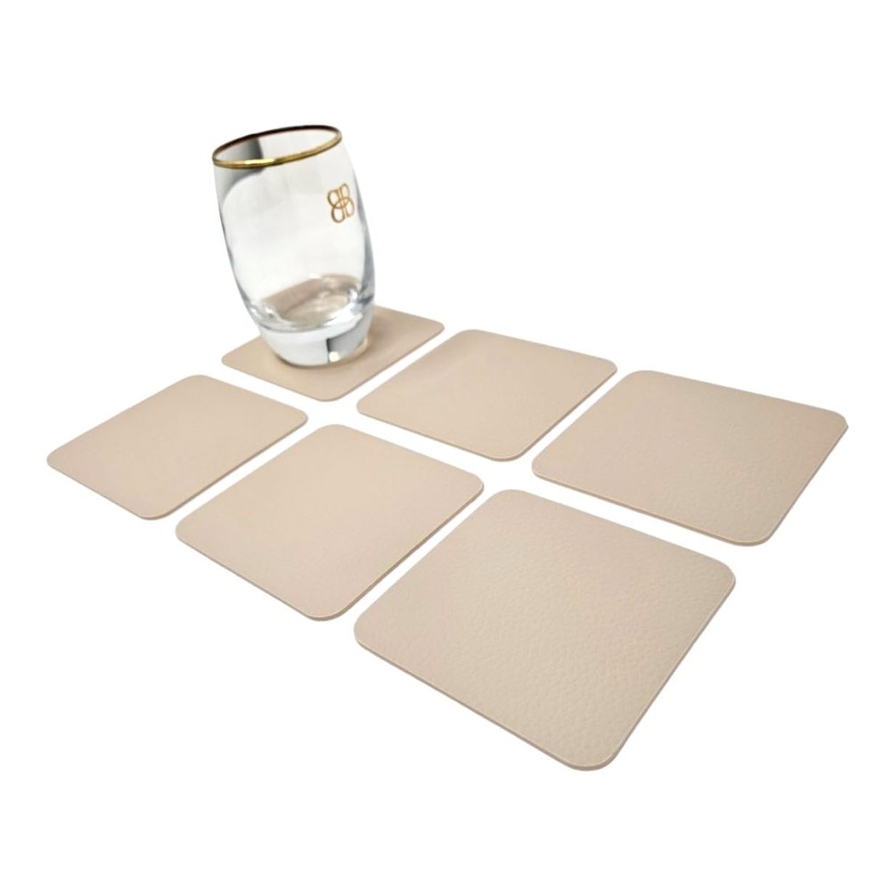 Nikalaz Recycled Leather Coasters, 10 x 10 cm, Set of 6, Cream White/Beige