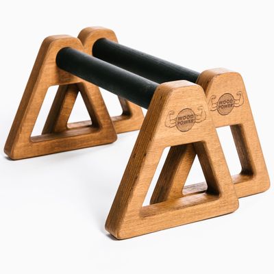 WOODPOWER PowerBars Wooden Parallettes for Push-Ups, Handstands, Yoga & Calisthenics, Non-Slip, Indoor & Outdoor, Joint-Friendly, Bodyweight Training (XL, Brown)