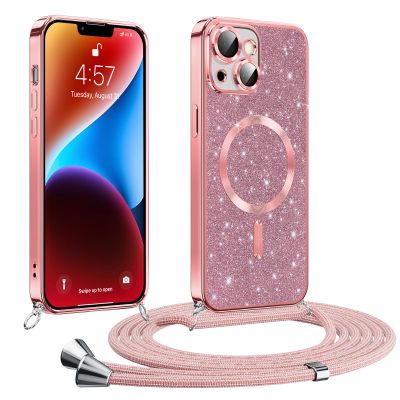 Phoona Glitter Lanyard Case for iPhone 14 Plus, MagSafe Compatible, Pink