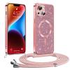Phoona Glitter Lanyard Case for iPhone 14 Plus, MagSafe Compatible, Pink view 1
