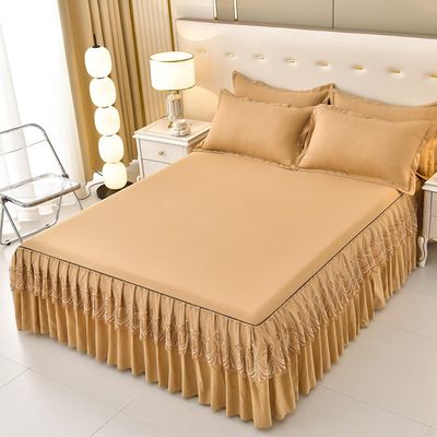 XCLOOZGL 3-Piece Bedspread Set, Bed Skirt Style with Lace Ruffles, Khaki, 150 x 200 cm