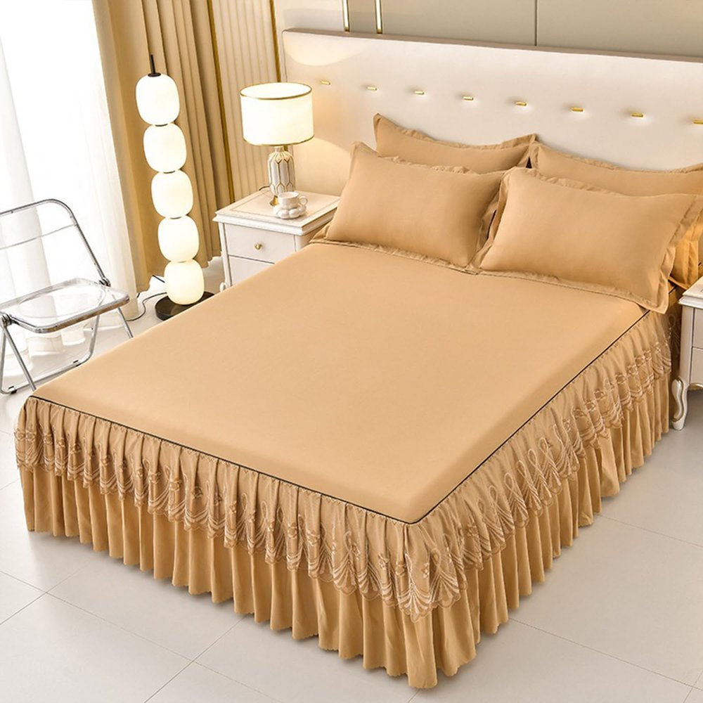 XCLOOZGL 3-Piece Bedspread Set, Bed Skirt Style with Lace Ruffles, Khaki, 150 x 200 cm