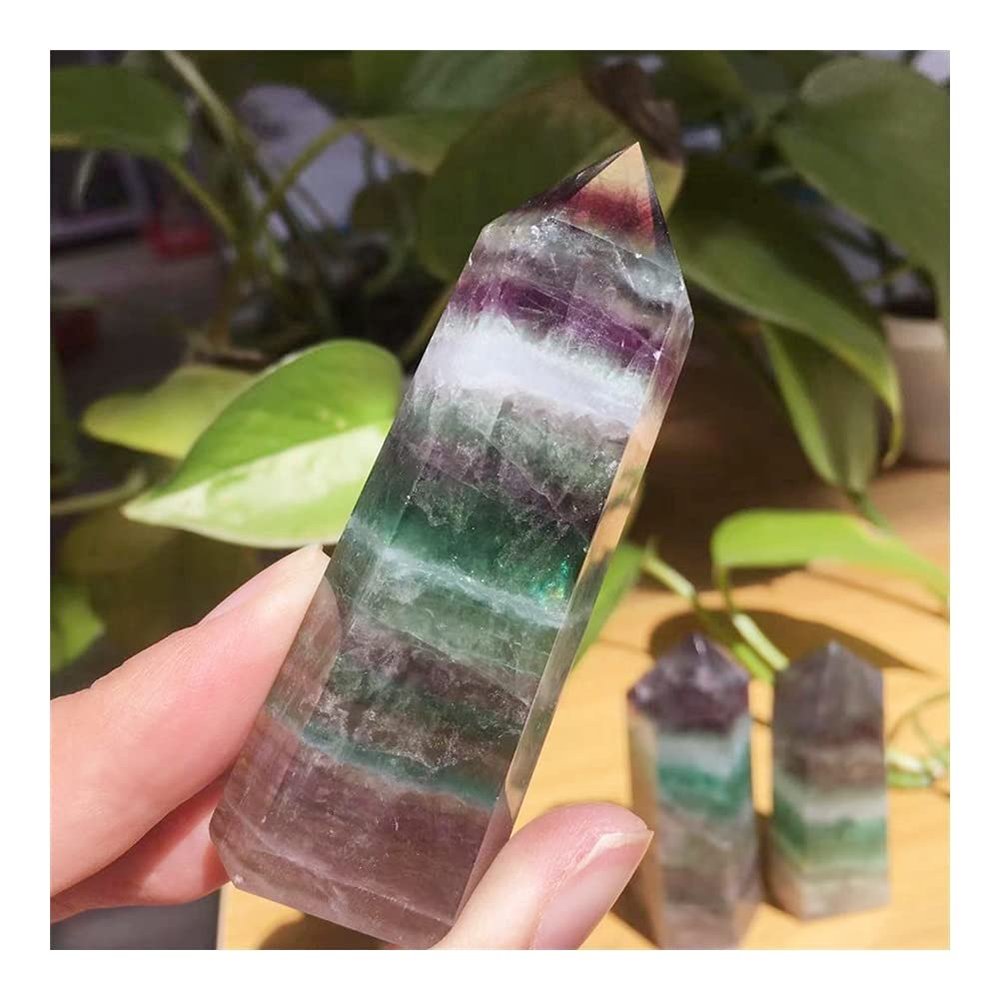 MCQWOMFQAK 7 cm Natural Striped Fluorite Crystal Hexagonal Point Stone, xiaguolingsm (One Size)