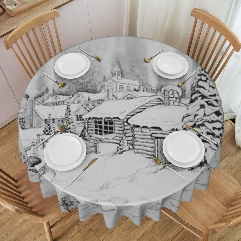 MKNAZ “Winter on Snowy” Printed Round Fabric Tablecloth, 152.4 cm