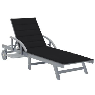 Mengtu Sun Lounger with Cushion, Black, Solid Acacia Wood