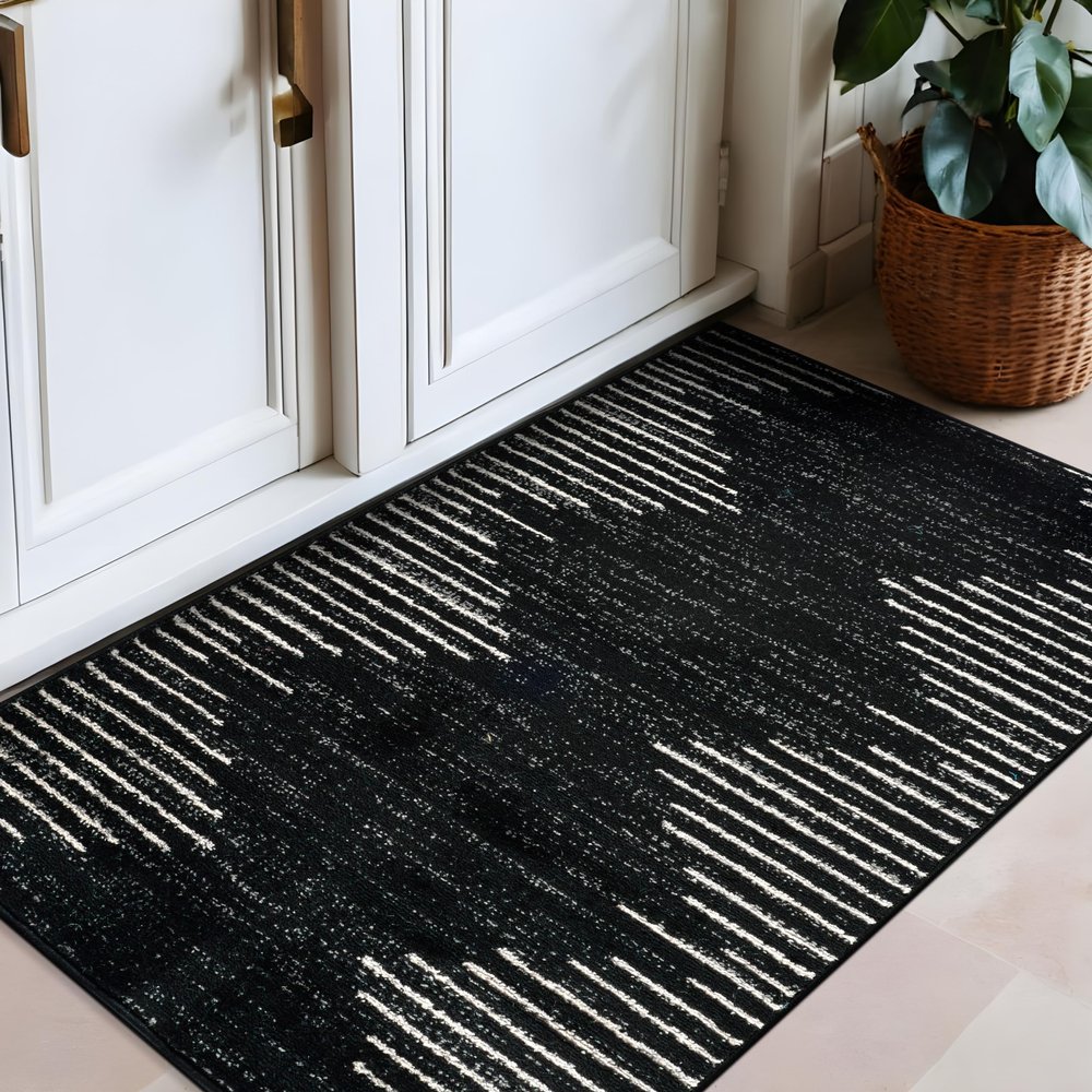 Rugshop Bohemian Stripe Rug, Stain-Resistant, Black, 70 x 120 cm