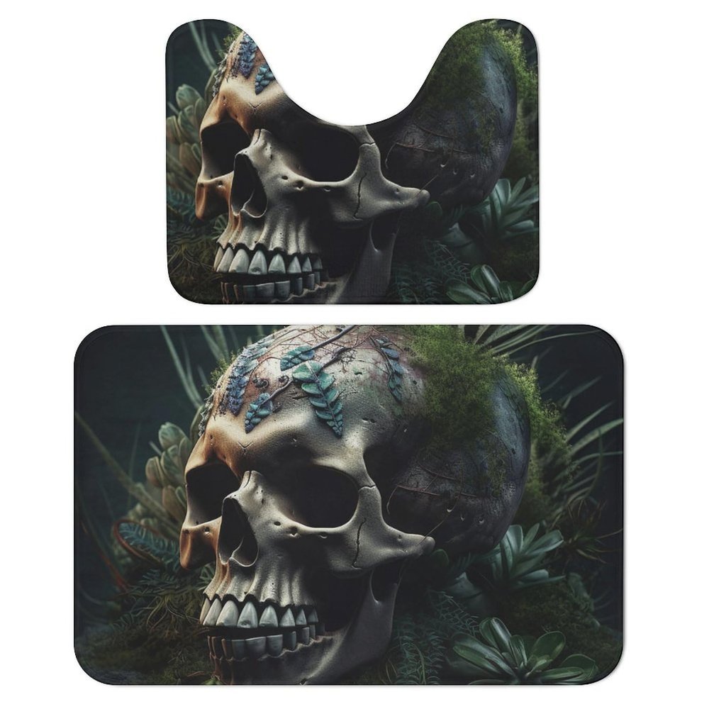 2-Piece Skull & Plants Bathroom Rug Set with U-Shaped Toilet Mat