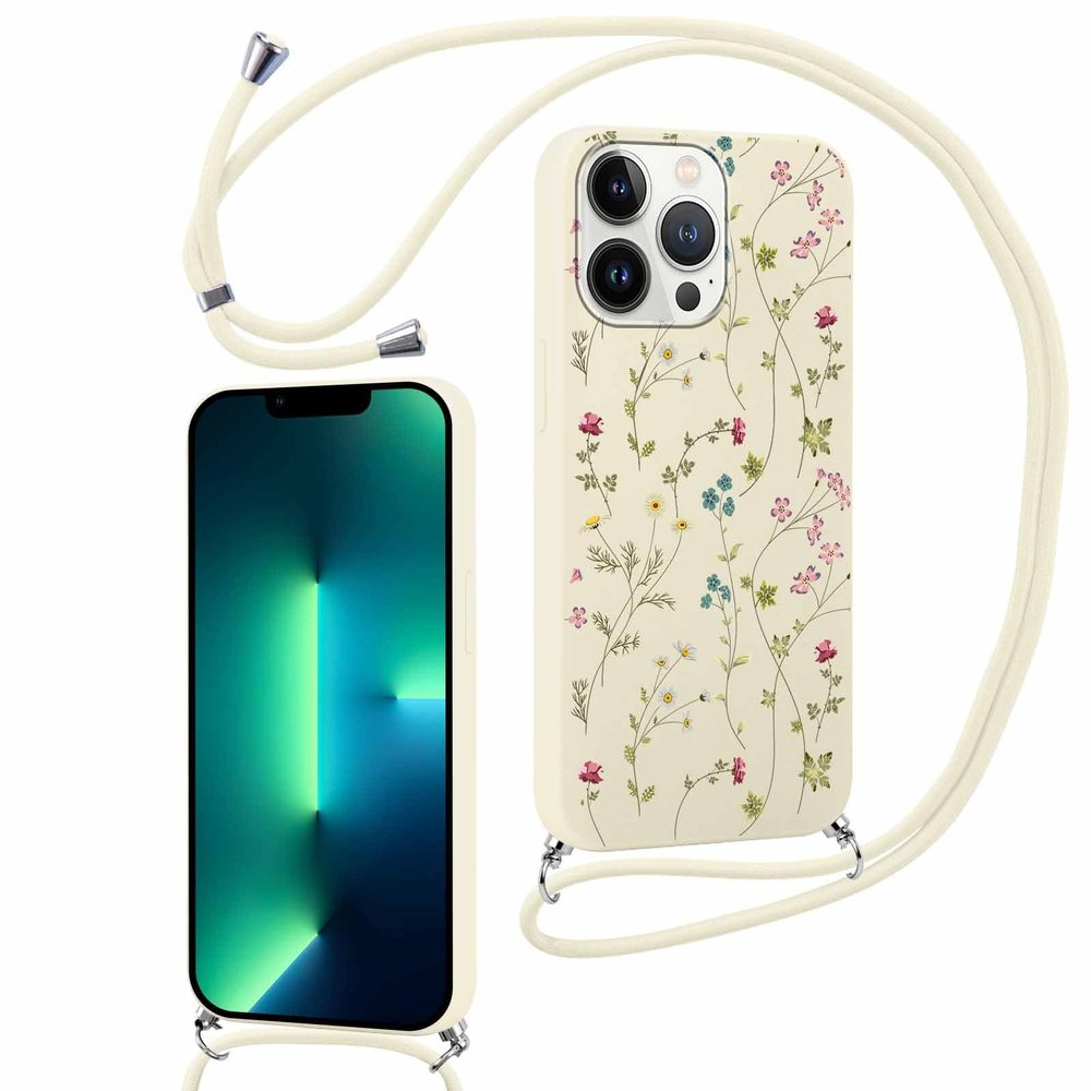 Xylota Phone Lanyard Case for iPhone 13 Pro Max 6.7", Beige Floral Pattern