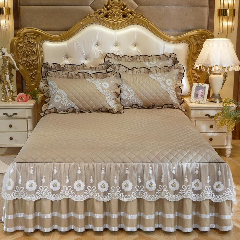 Bed Skirt/Base Valance, 150/180 x 220 cm, Deep Green Lace, Khaki