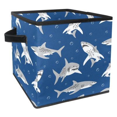 Folding Fabric Storage Cube with Handles for Toys, Clothes, and Books - Happy Shark Blowing Bubbles