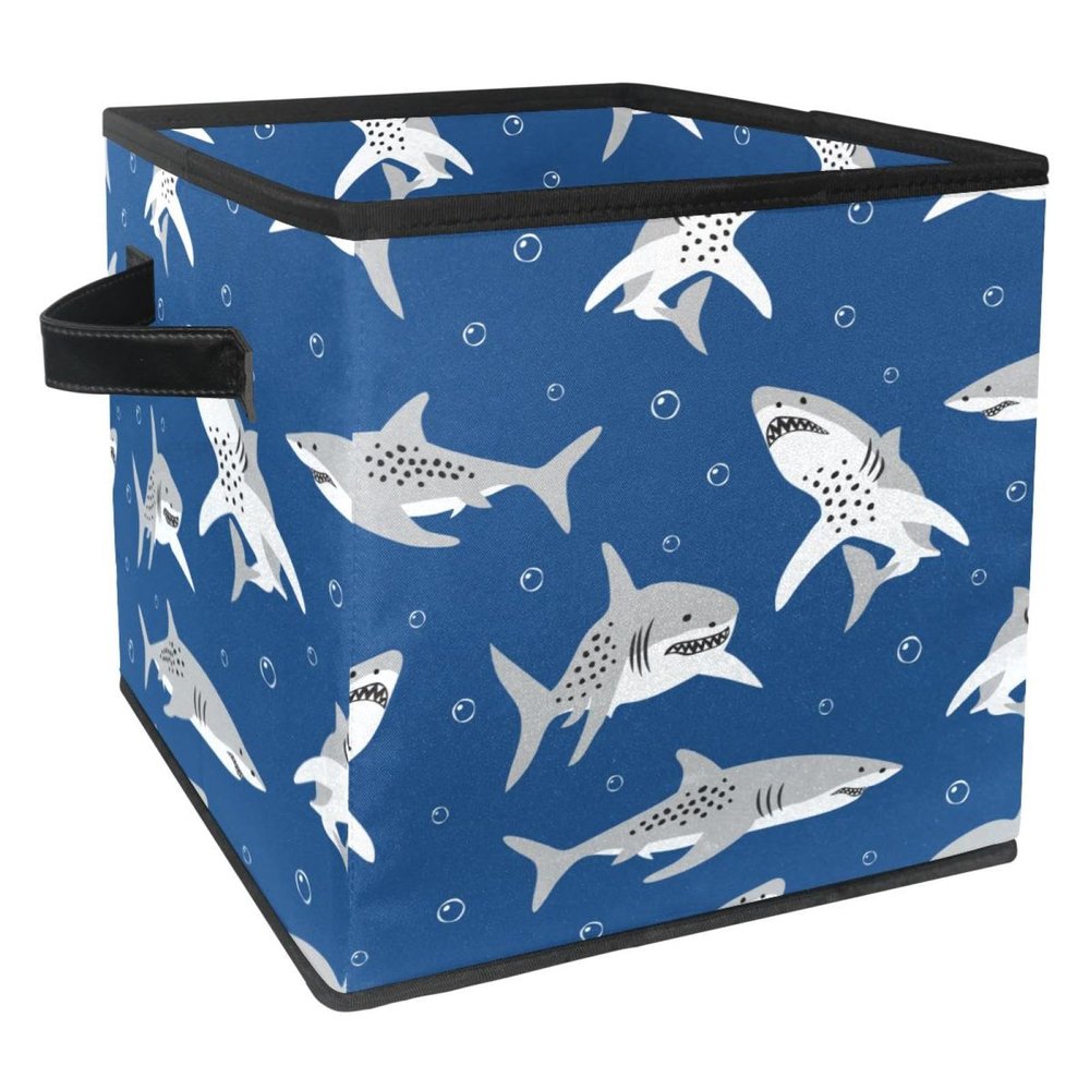 Folding Fabric Storage Cube with Handles for Toys, Clothes, and Books - Happy Shark Blowing Bubbles