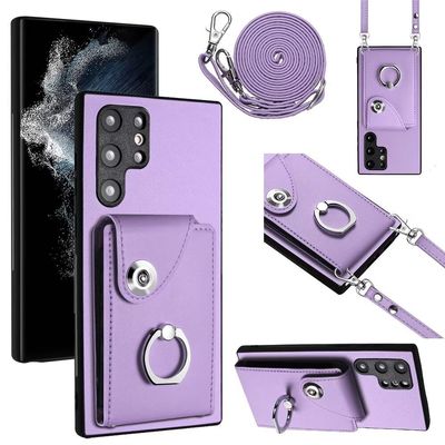 Xinyunew Phone Case for Samsung Galaxy S22 Ultra with Strap, Card Slots, Wallet, 360° Ring Stand, Leather Folio Case, Purple