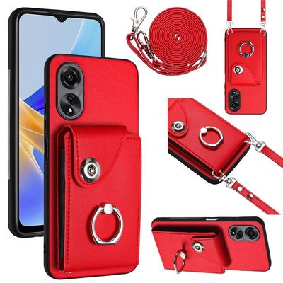 Xinyunew Folio Phone Case for Oppo A58 4G with Strap, Card Slots, Wallet, 360° Ring Stand, Red