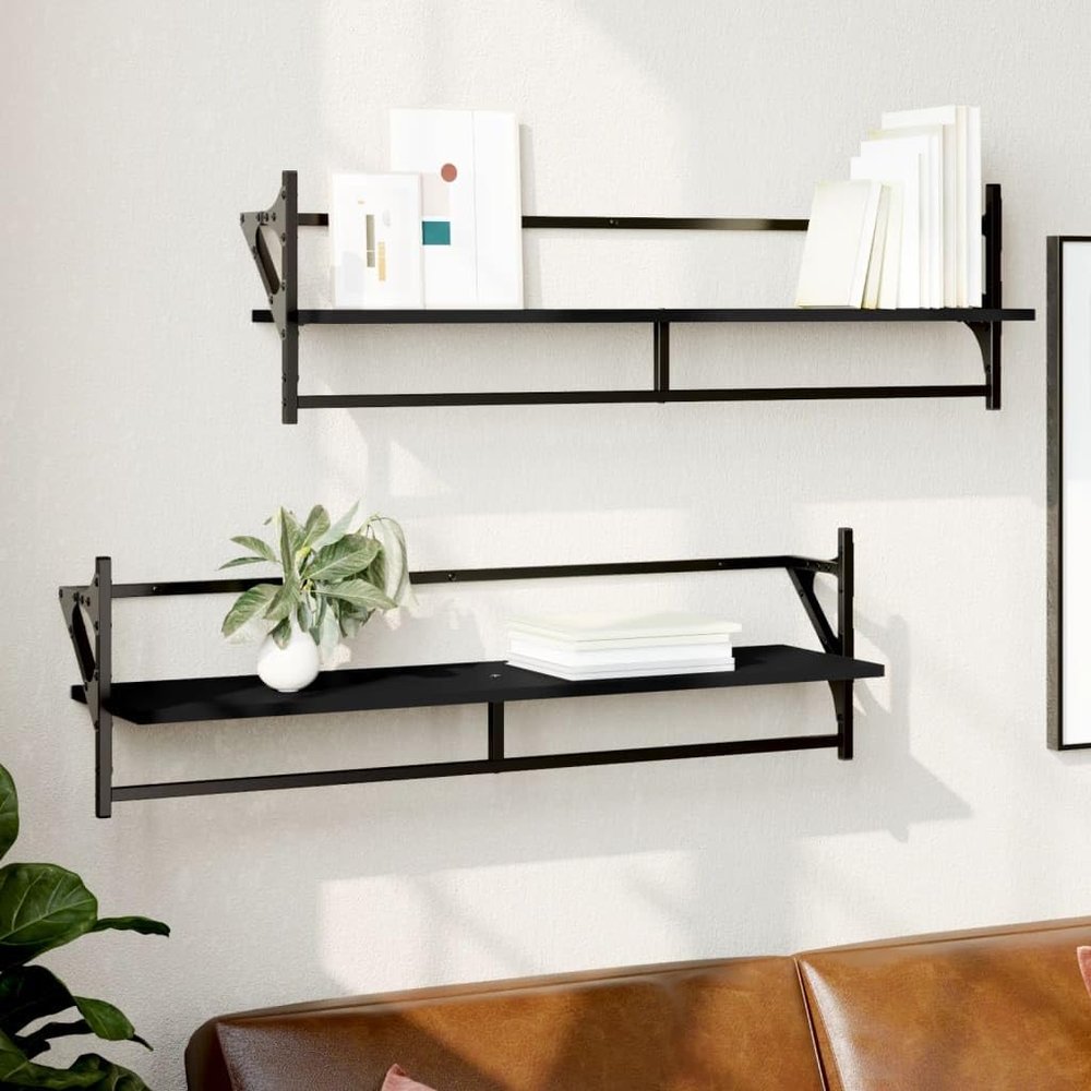 AIJUUKJP Wall Shelves with Rods, 2 Pieces, Black, 100 x 25 x 30 cm