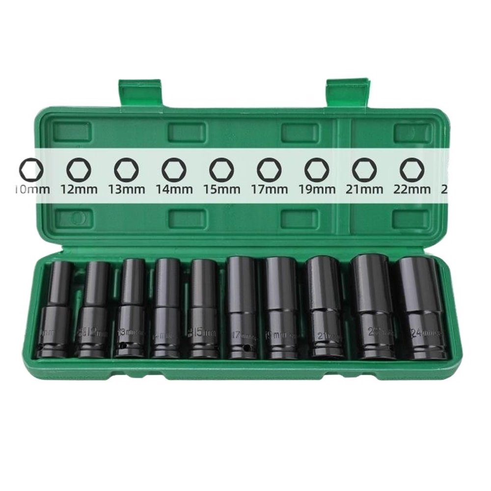 1/2-Inch 10-Piece 10–24 mm, 78 mm Hex Socket Set for Electric, Pneumatic, and Manual Wrenches