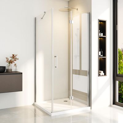 Corner-Entry Shower Enclosure 90 x 75 cm with 180° Folding Door, 6 mm Nano-Coated Tempered Glass, 195 cm High, No Shower Tray