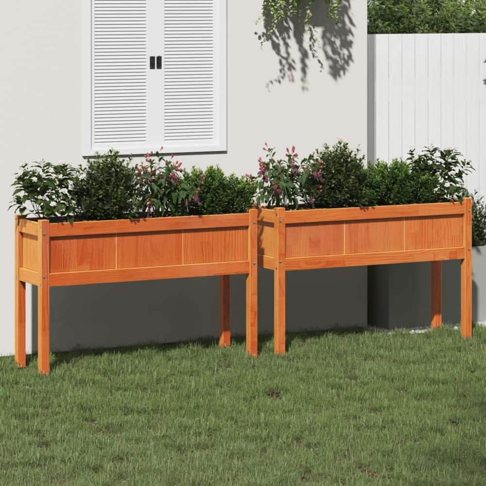 LAPOOH Planter Boxes with Legs, 2 pcs., Wax Brown, Solid Pine - 837569